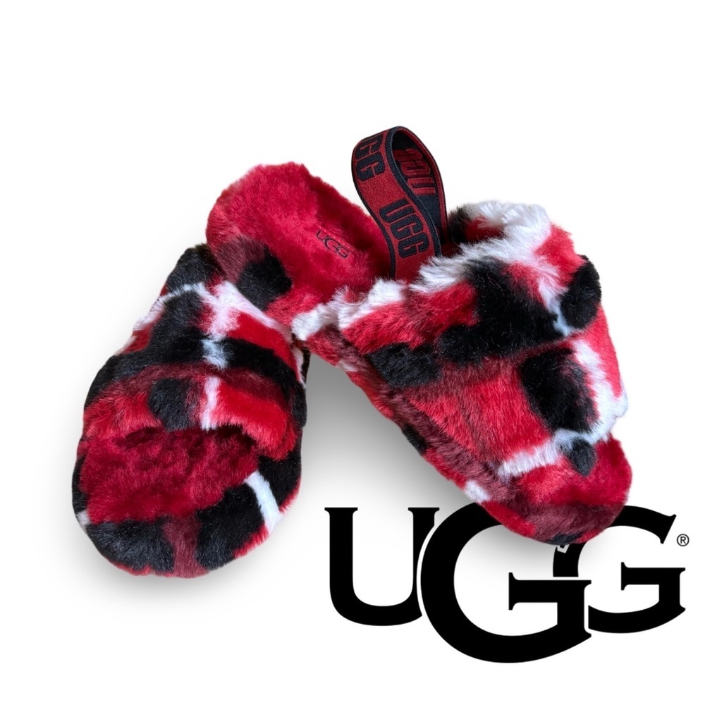 UGG COA Youth ''Plaid Punk Red'' Fluff Yeah Slide Slippers Size 4 - Picture 2 of 15